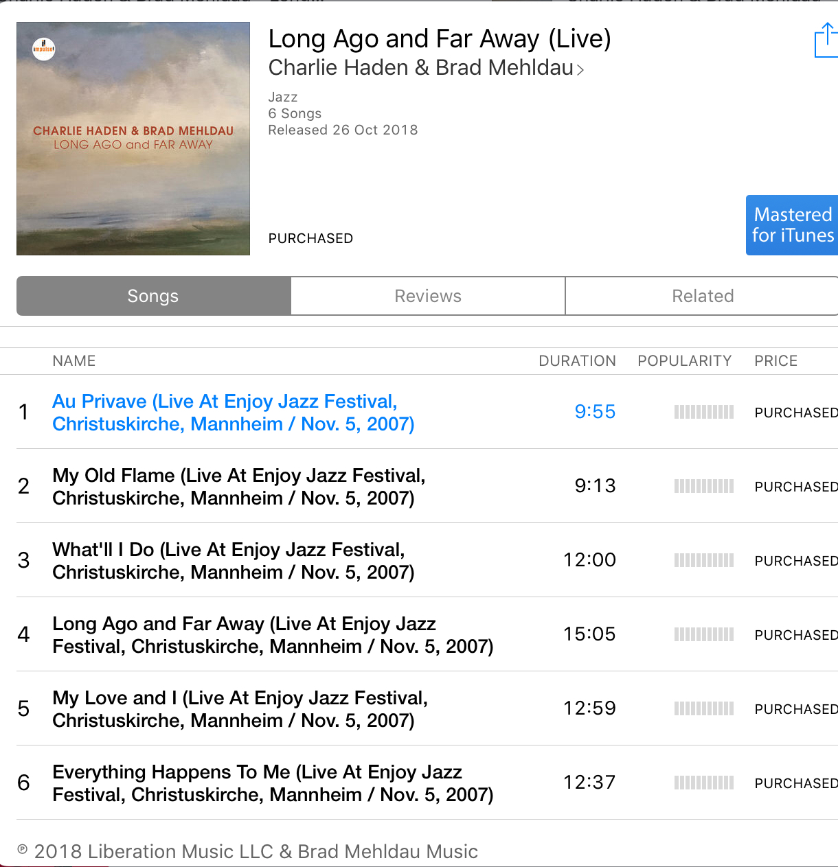 iTunes view of the album Long Ago and Far Away, by Charlie Haden and Brad Mehldau
