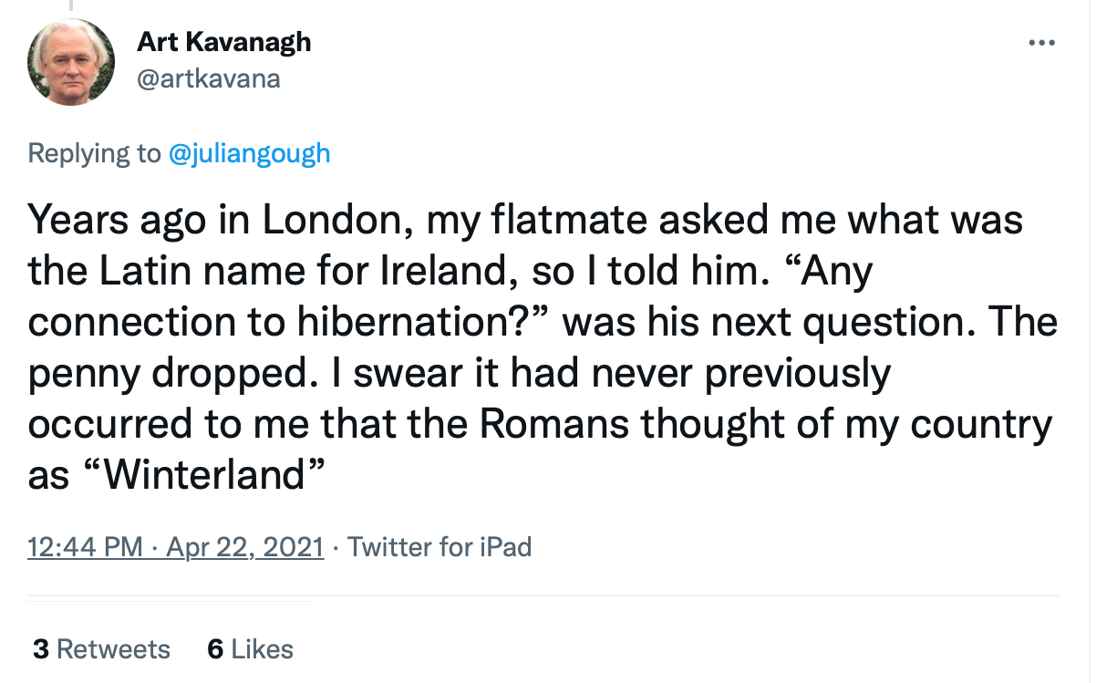 Tweet by Art Kavanagh dated 22 April 2021 about the Latin name for Ireland