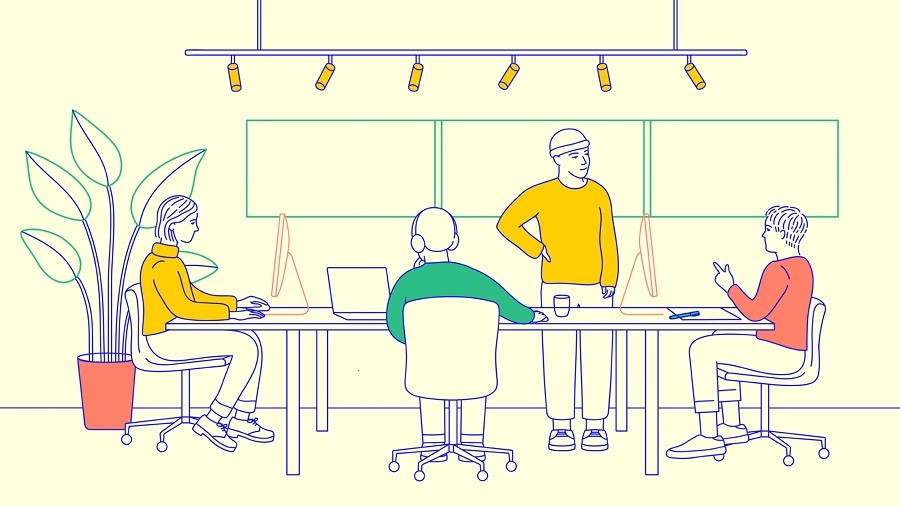 Four people working  at shared desk, illustration by Kika Fuenzalida